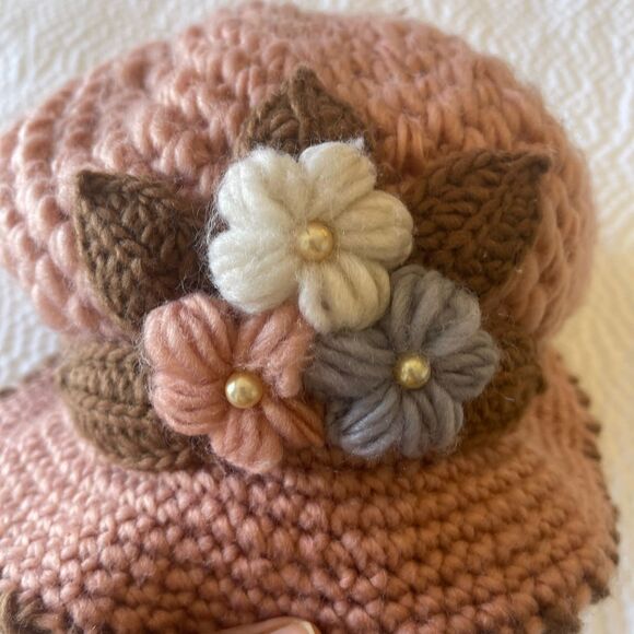 Vintage French Women's Flowers Knitted Woolen Crochet Beanie Cap Hat - Picture 3 of 6